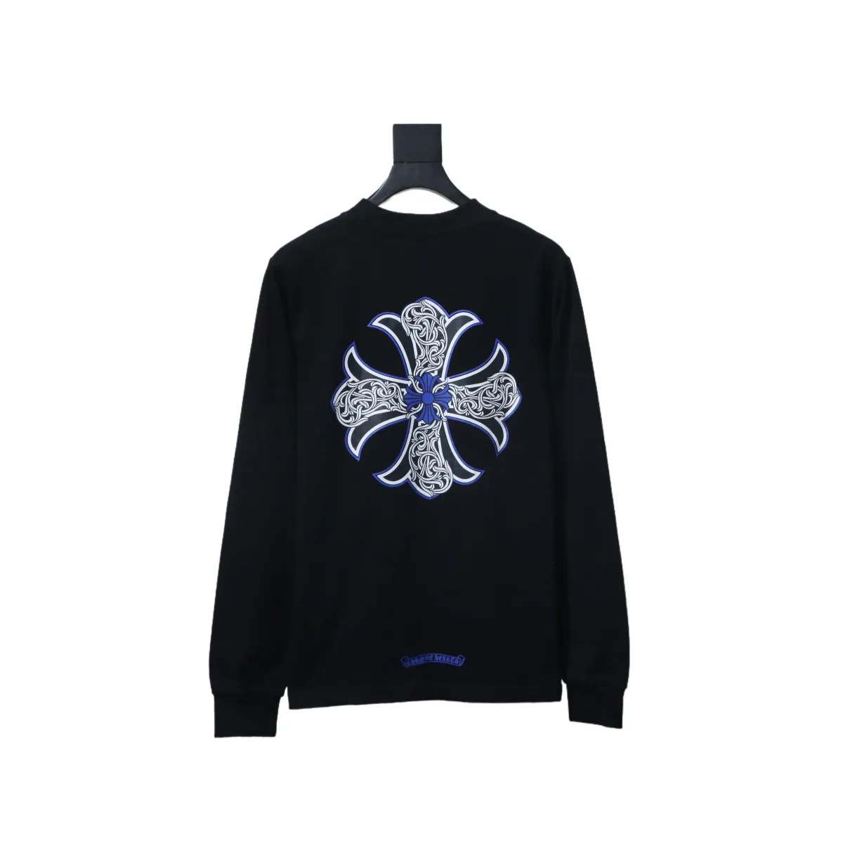 CHRM HRTS Blue Horseshoe Cross Long Sleeve T Shirt Black - Image 2