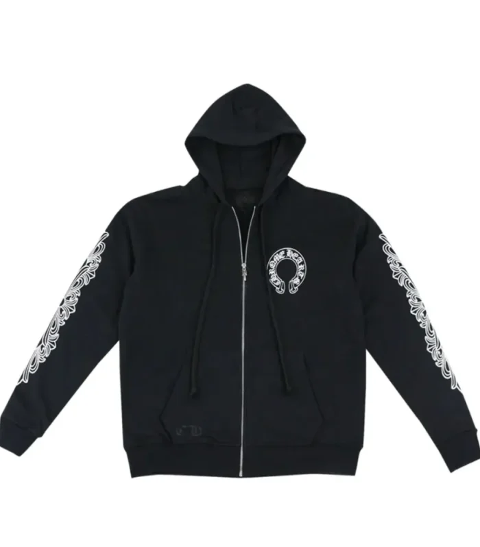 CHRM HRTS Horseshoe Floral Cross Sleeve Zip Up Hoodie Black