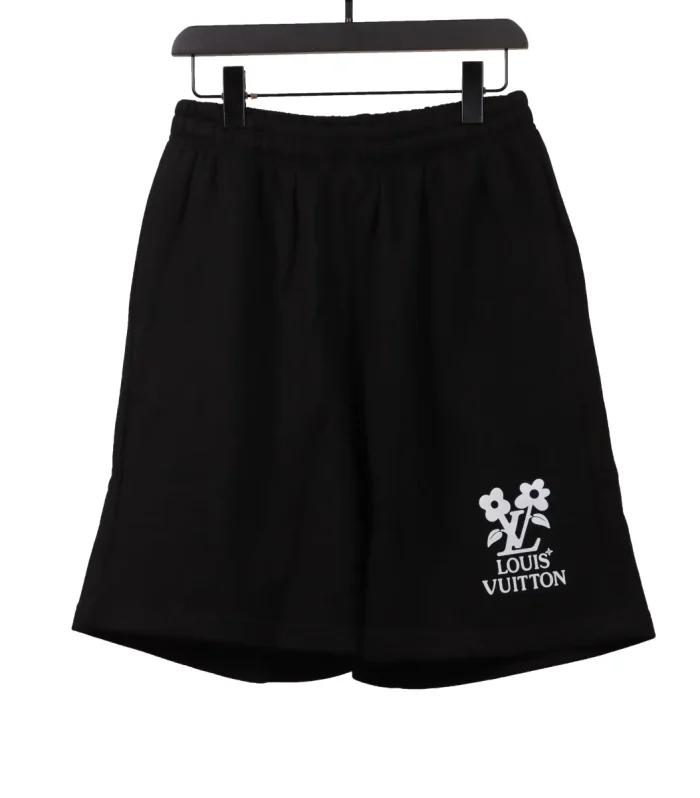 LV Floral Print Cotton Track Shorts Black