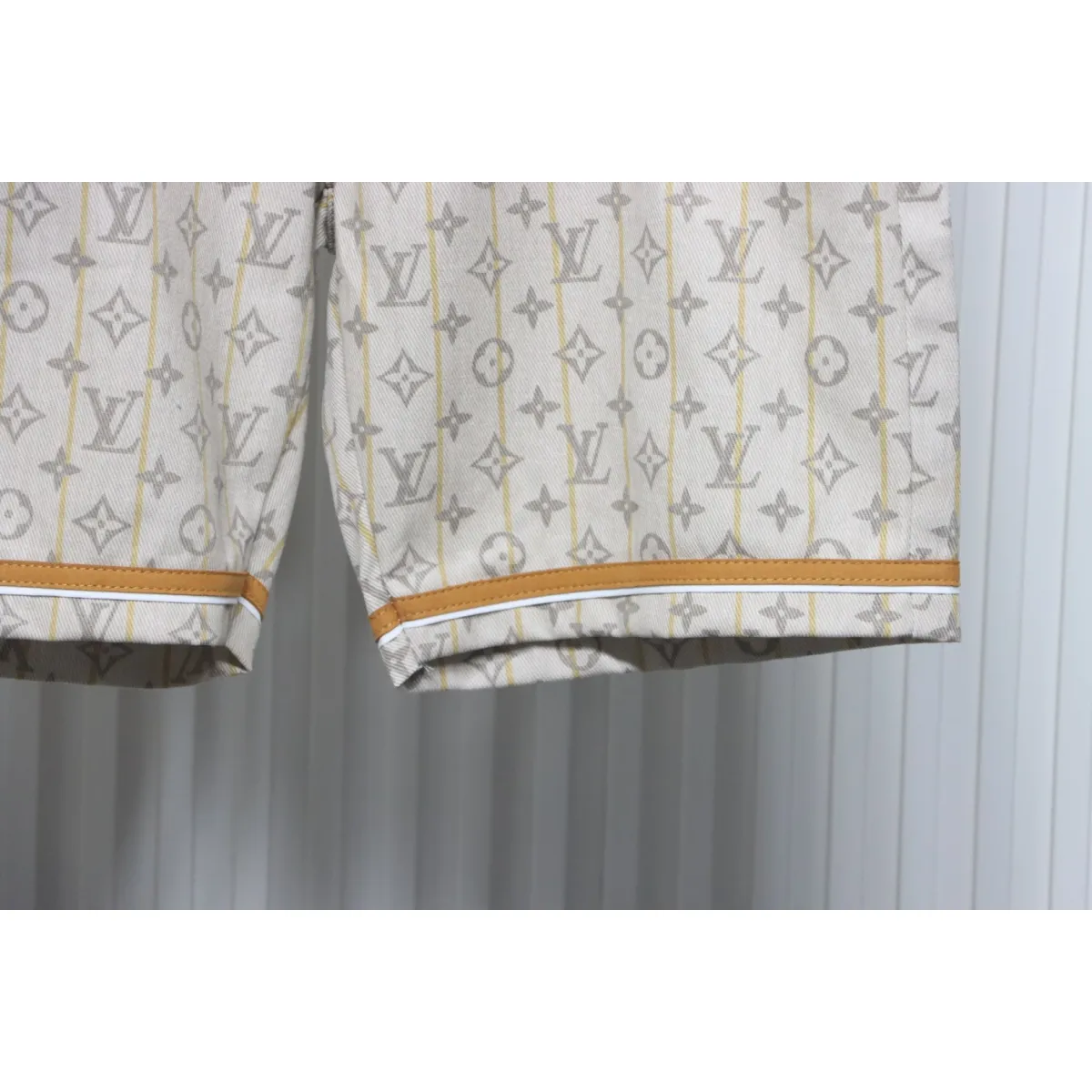 LV Monogram Printed Distressed Denim Shorts Khaki - Image 6