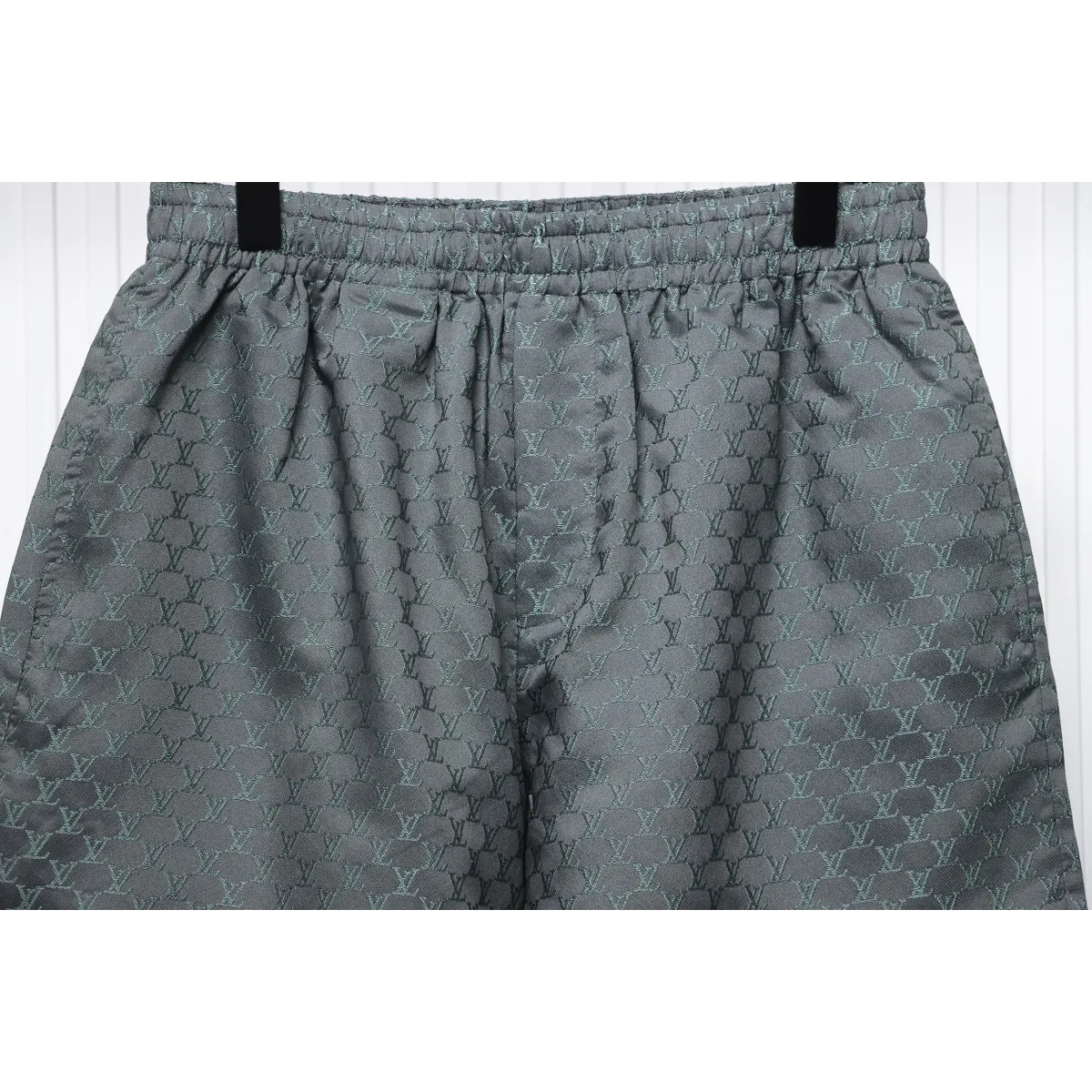 LV Logo Jacquard Elasticated Silk Shorts Grey - Image 5