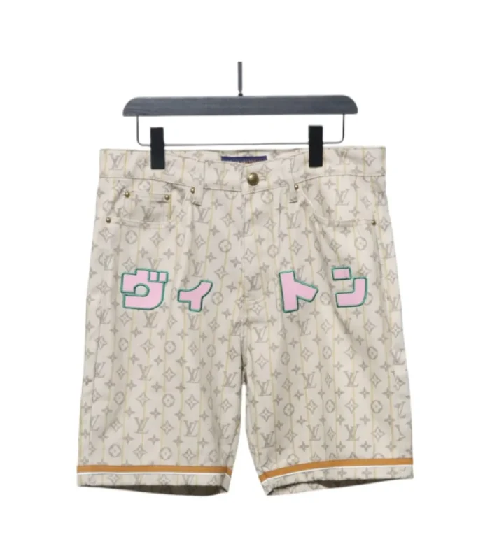 LV Monogram Printed Distressed Denim Shorts Khaki