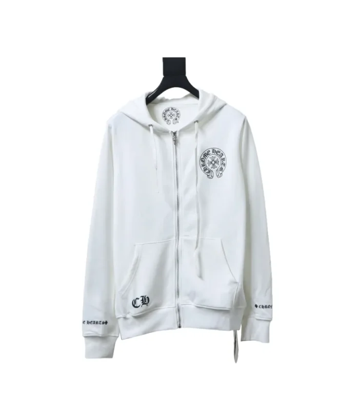 CHRM HRTS Cuff Sanskrit Print Zip-Up Hoodie White
