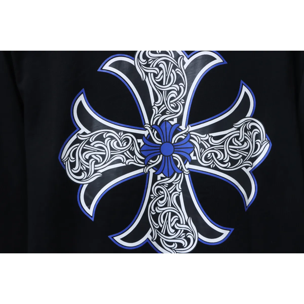 CHRM HRTS Blue Horseshoe Cross Long Sleeve T Shirt Black - Image 3