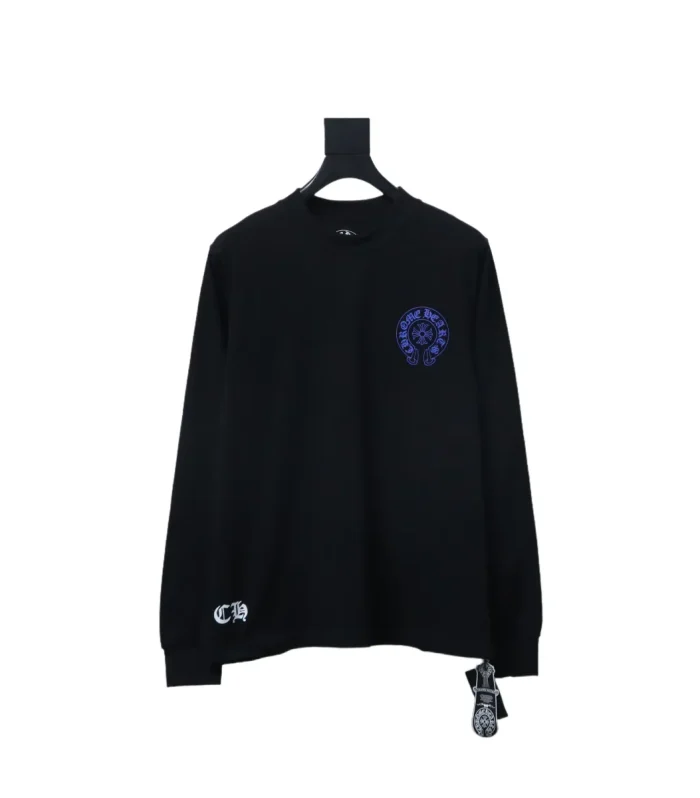 CHRM HRTS Blue Horseshoe Cross Long Sleeve T Shirt Black