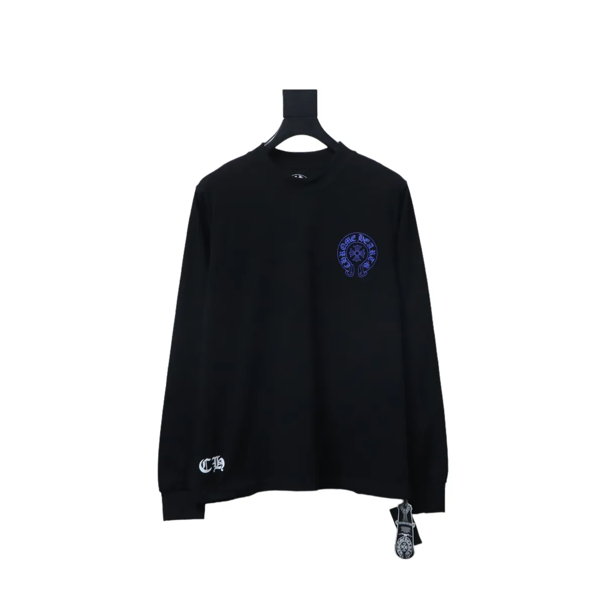 CHRM HRTS Blue Horseshoe Cross Long Sleeve T Shirt Black