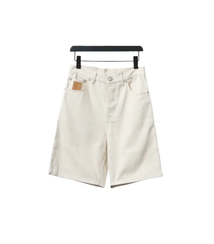 LV Pocket Leather Label Denim Shorts Beige