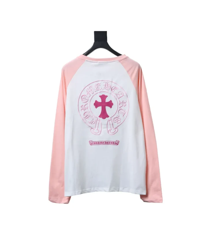 CHRM HRTS Pink Cross Embroidery Long Sleeve Shirt Pink And White