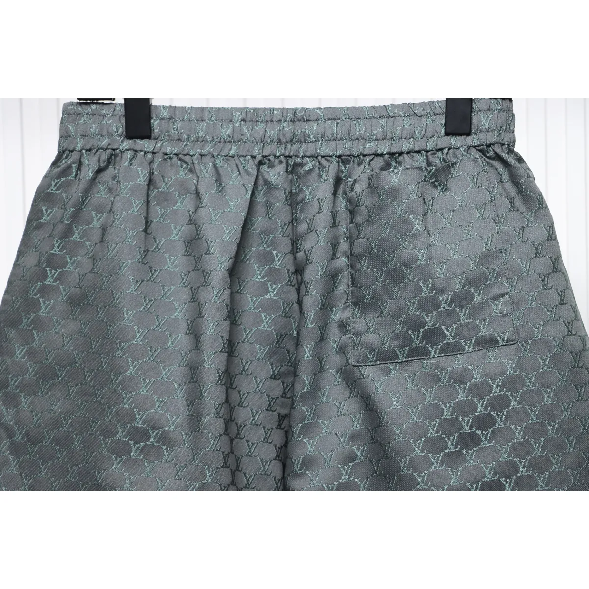 LV Logo Jacquard Elasticated Silk Shorts Grey - Image 7