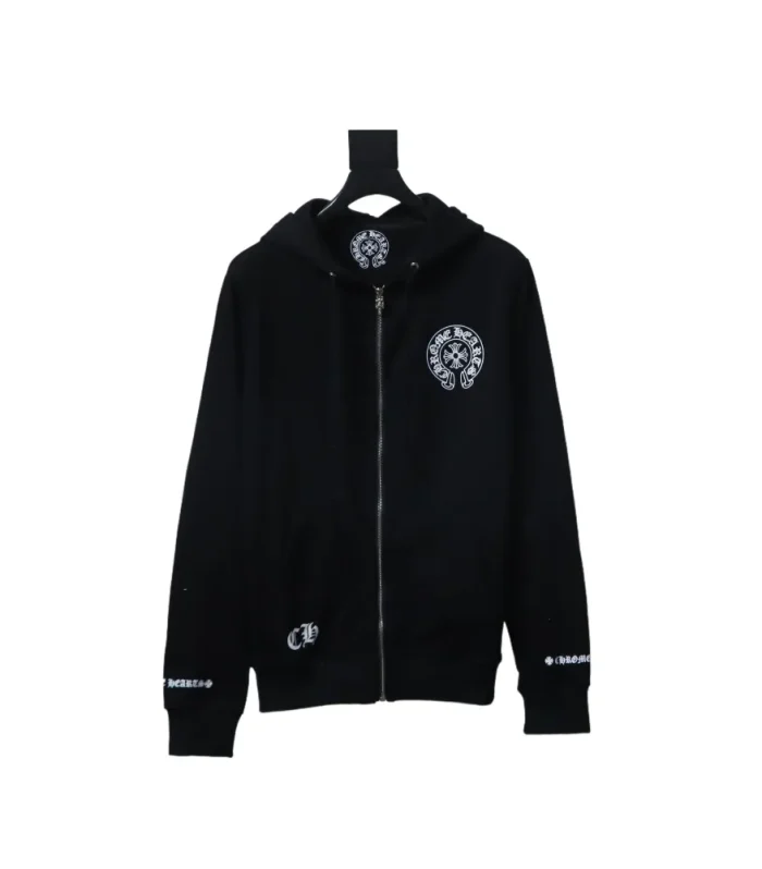 CHRM HRTS Cuff Sanskrit Print Zip-Up Hoodie Black