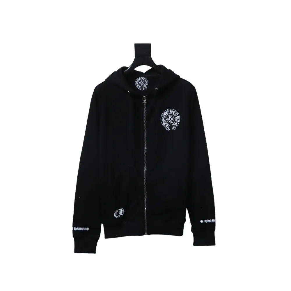 CHRM HRTS Cuff Sanskrit Print Zip-Up Hoodie Black