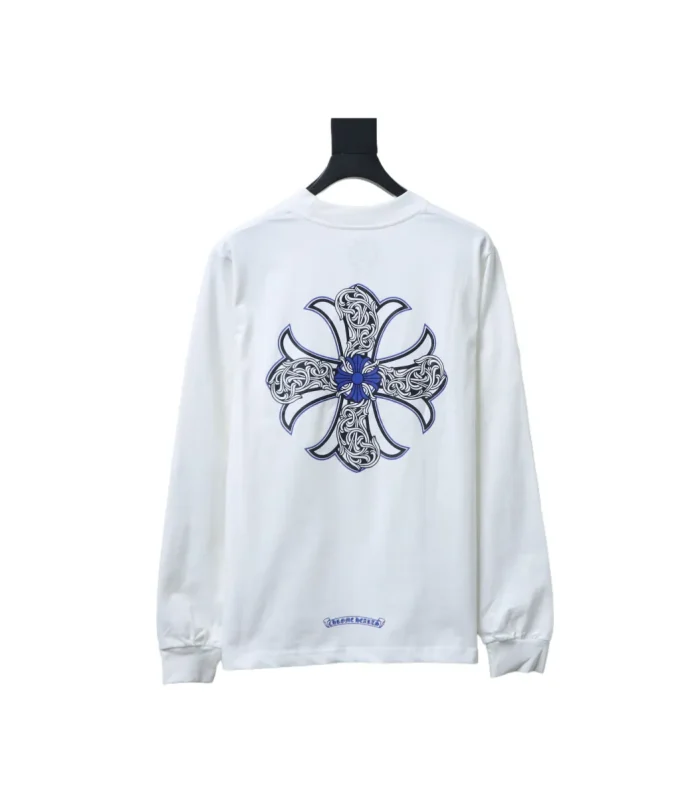 CHRM HRTS Blue Horseshoe Cross Long Sleeve T Shirt White