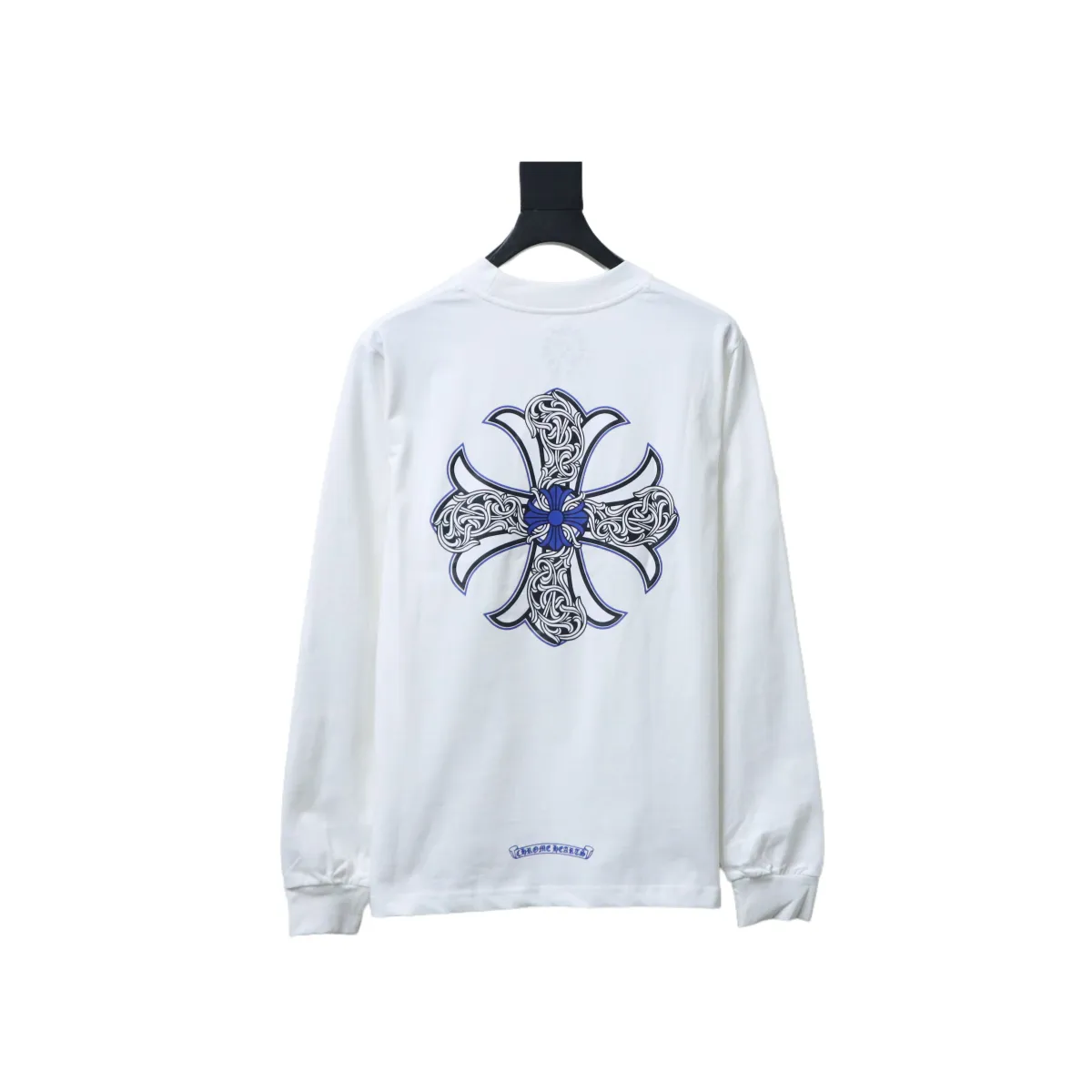 CHRM HRTS Blue Horseshoe Cross Long Sleeve T Shirt White