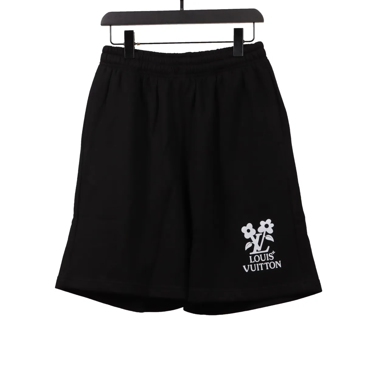 LV Floral Print Cotton Track Shorts Black
