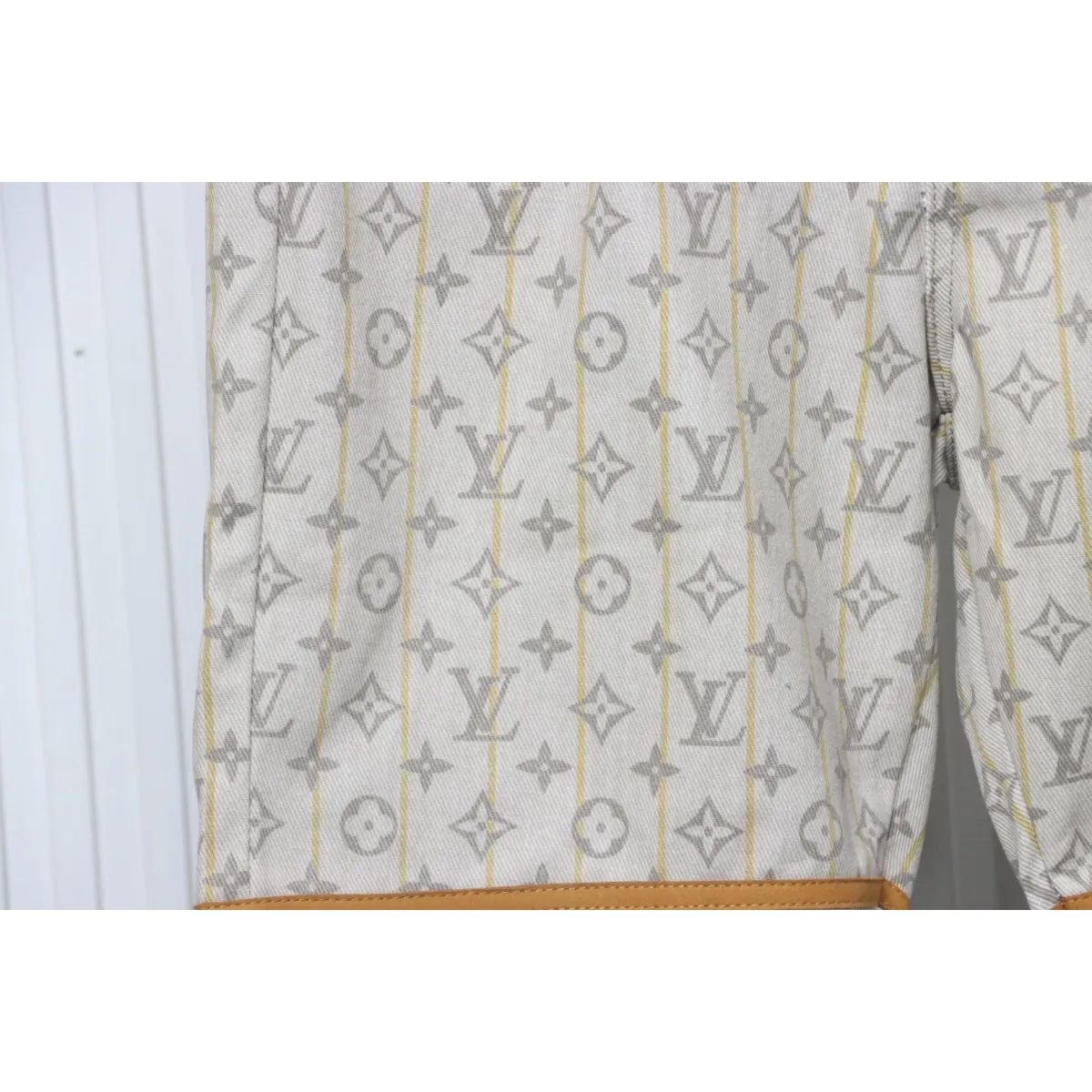 LV Monogram Printed Distressed Denim Shorts Khaki - Image 5