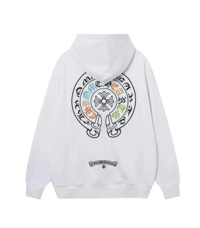 CHRM HRTS Cross Sanskrit Colorful Letters Embroidery Print Hoodie White