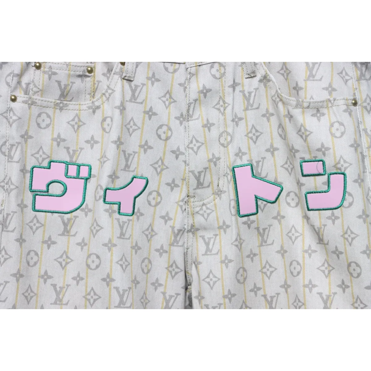 LV Monogram Printed Distressed Denim Shorts Khaki - Image 4