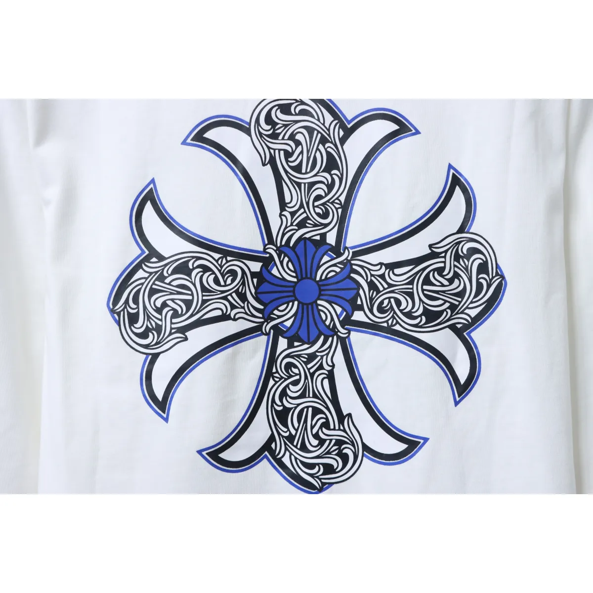 CHRM HRTS Blue Horseshoe Cross Long Sleeve T Shirt White - Image 3