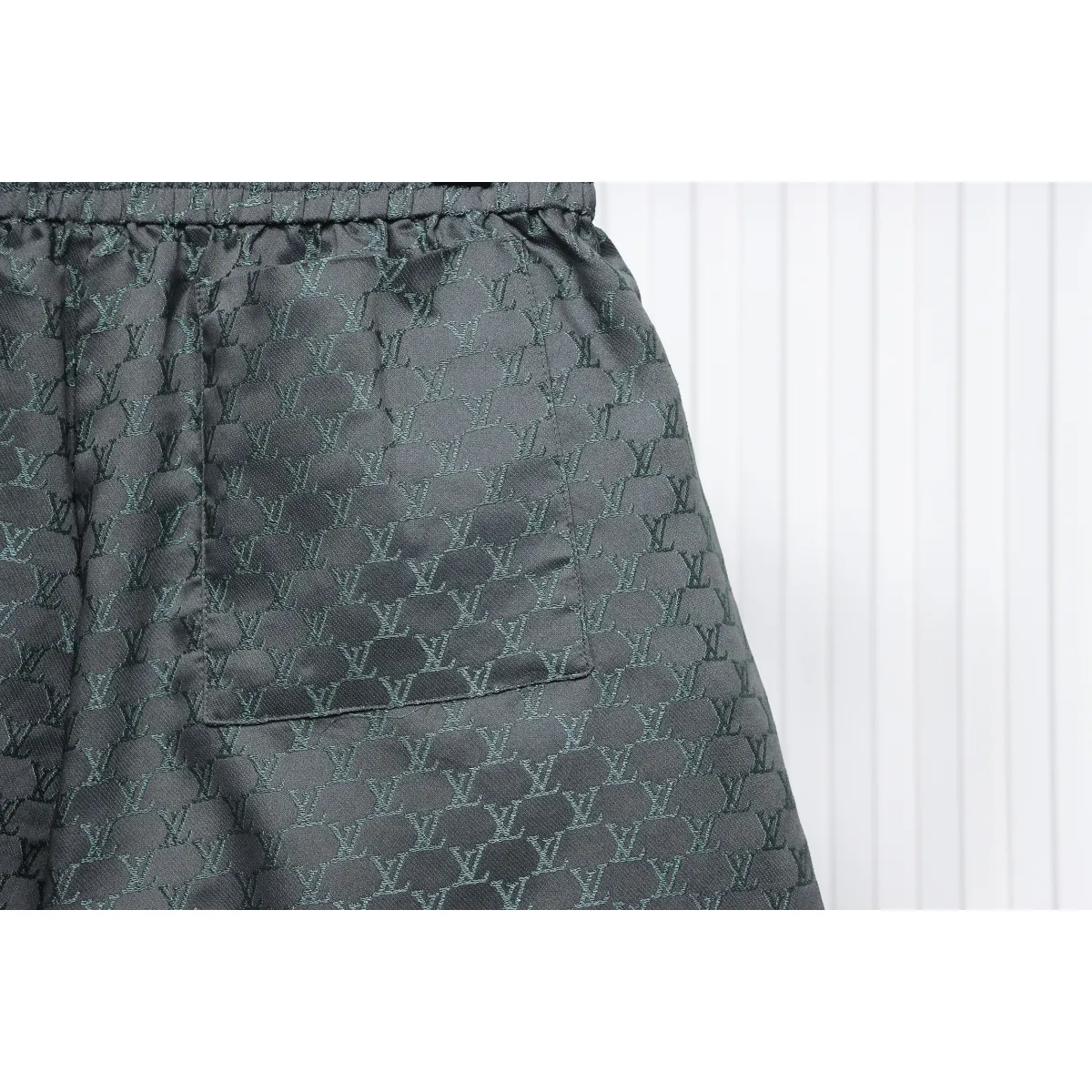 LV Logo Jacquard Elasticated Silk Shorts Grey - Image 8